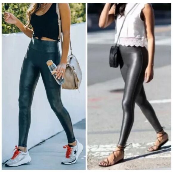 Spanx Faux Leather Leggings Compression Coated Slimming Size Size Medium Black - Picture 1 of 13